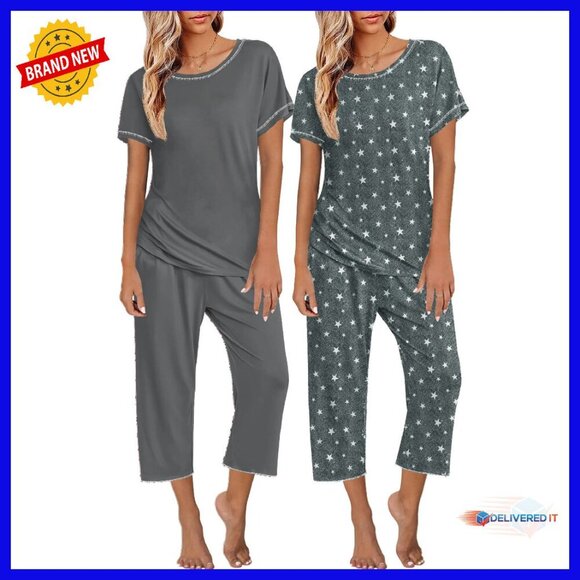 2 Pack Women's Pajama Sets Short Sleeve Tops Capri Pants Sleepwear